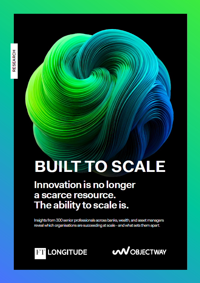 Poster cover: bright multicolored spiral orb on black, with the title 'BUILT TO SCALE' and a subheading about innovation and scale.
