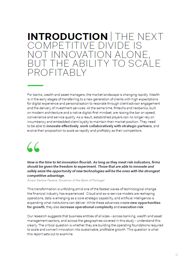 Intro page with bold headline and long subtitle, green accent line, dense paragraphs, and green quotation marks indicating a quoted section.