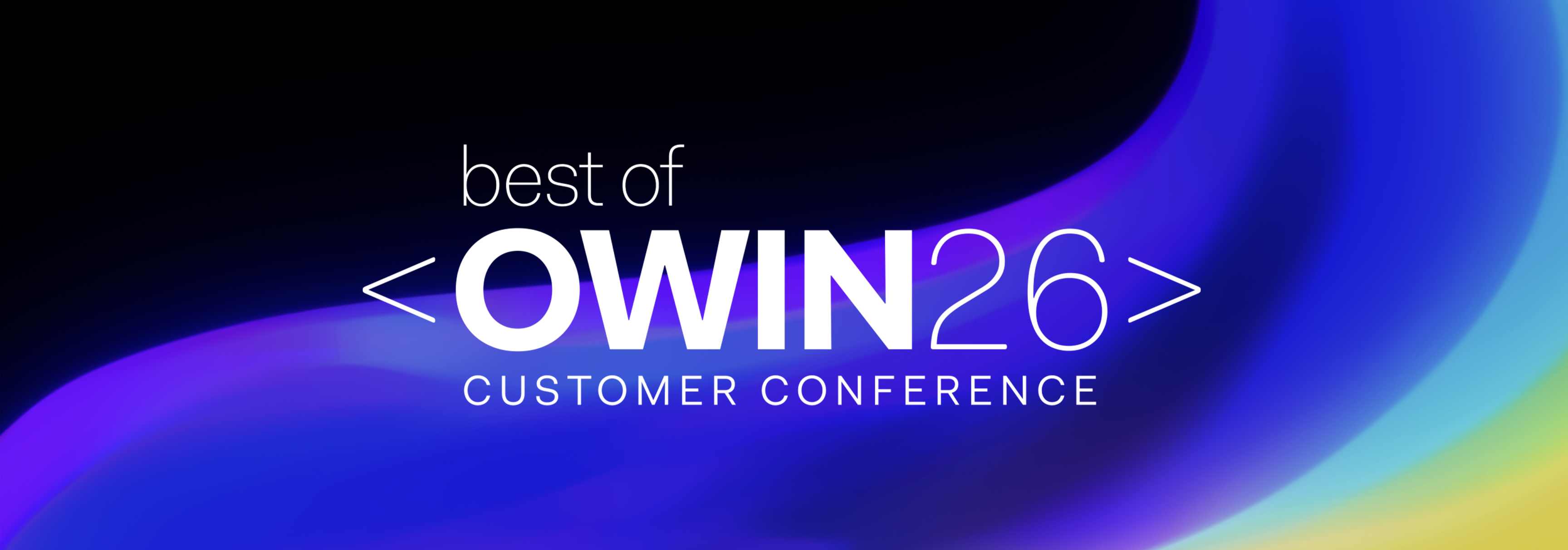 Banner for OWIN26: 'best of' with 'CUSTOMER CONFERENCE' on a gradient blue–purple–yellow background