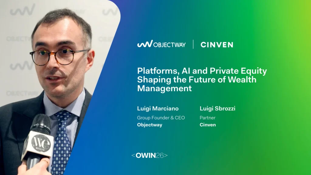 Male executive being interviewed with a microphone; gradient banner shows Objectway and Cinven branding and the title about AI and private equity in wealth management on the right side.