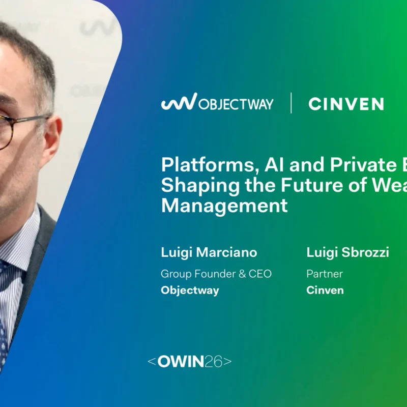 Male executive being interviewed with a microphone; gradient banner shows Objectway and Cinven branding and the title about AI and private equity in wealth management on the right side.