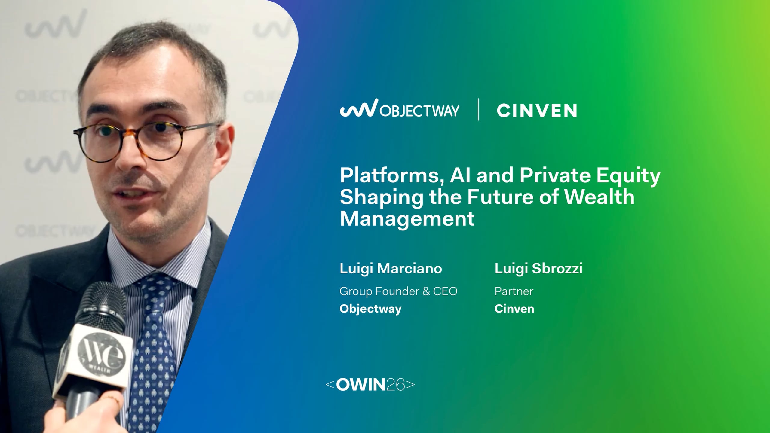 Male executive being interviewed with a microphone; gradient banner shows Objectway and Cinven branding and the title about AI and private equity in wealth management on the right side.