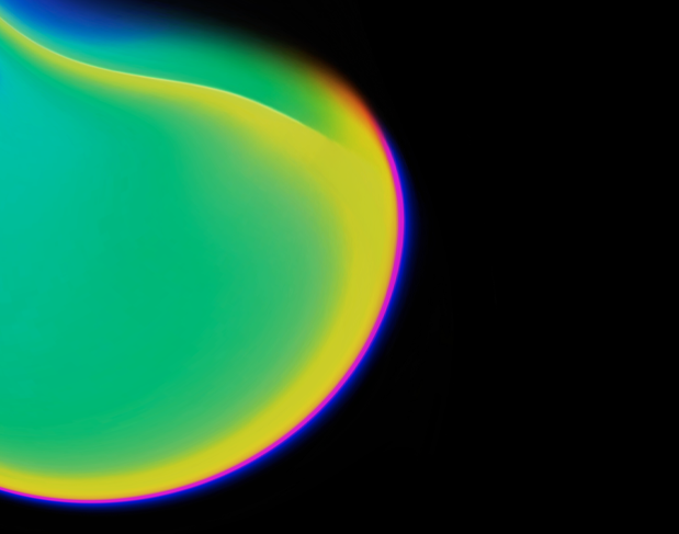 Abstract close-up of a neon green and yellow gradient blob with blue edges on a black background, conveying a vibrant glow.