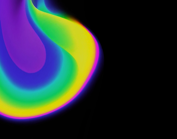 Abstract rainbow swirl on a black background, blending purple, blue, green, and yellow colors.
