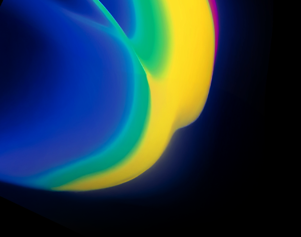 Abstract neon light form with blue, green, and yellow gradients on a dark background, resembling a curved glow or arc of color.